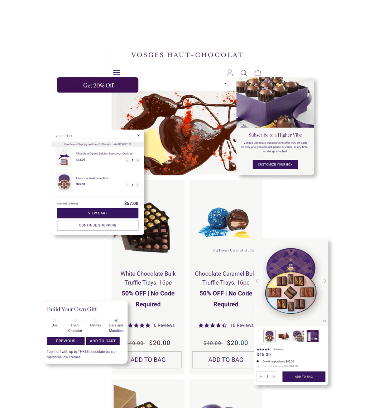 Vosges Haut-Chocolat · storefront, cart, product cards, subscription module collage