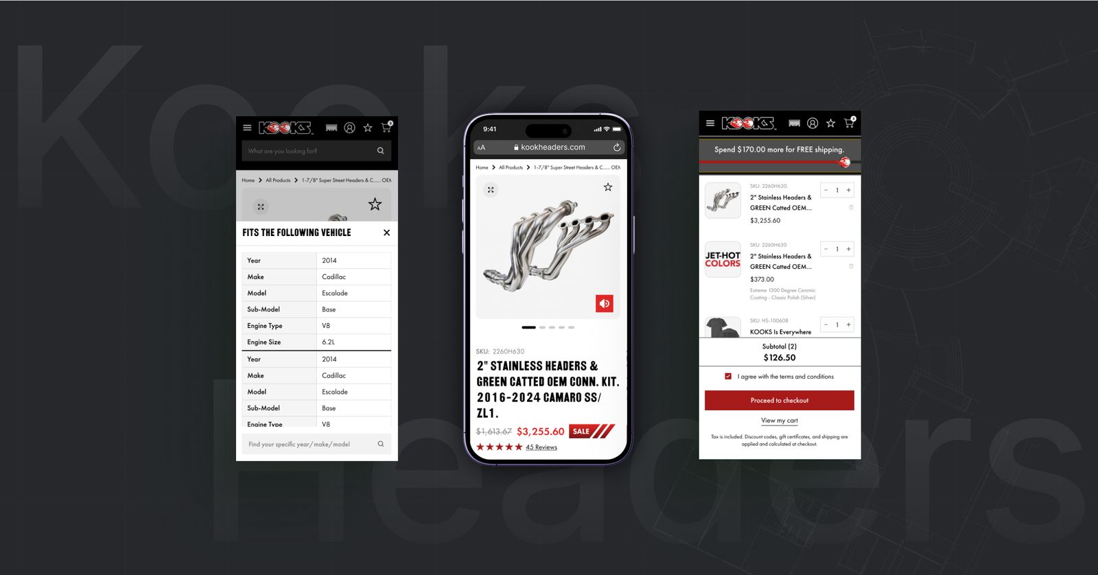 Kooks performance automotive product page with year, make, model and engine fitment search