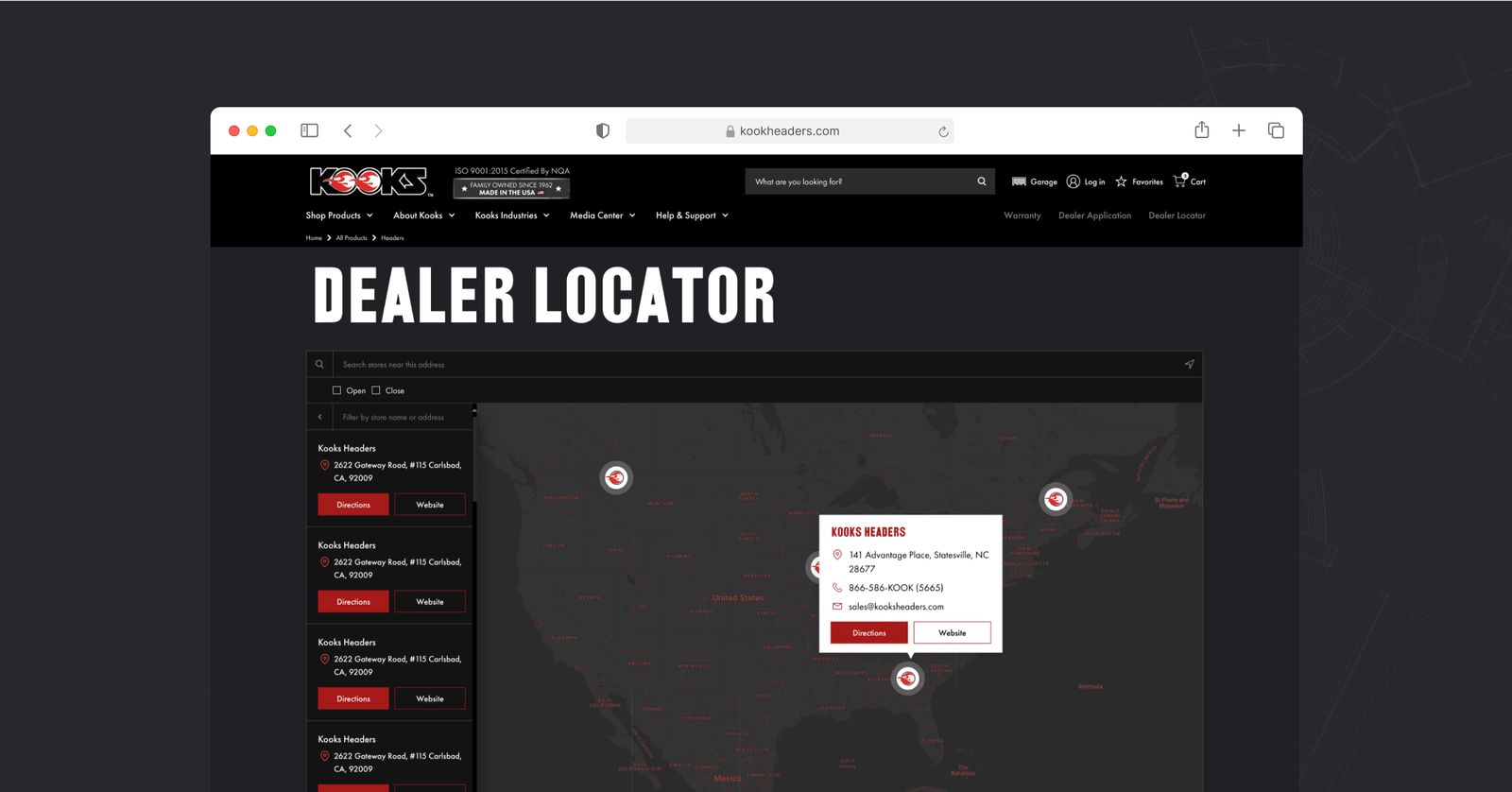 Kooks Headers and Exhaust Shopify storefront design shown on mobile