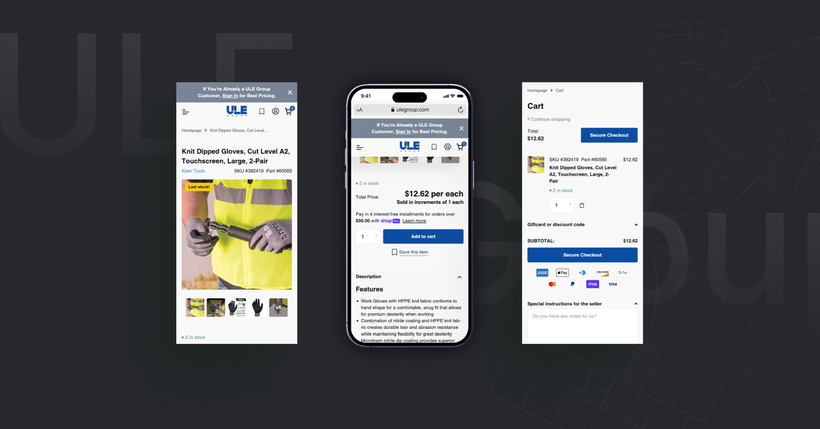ULE Group construction product detail page design on Shopify