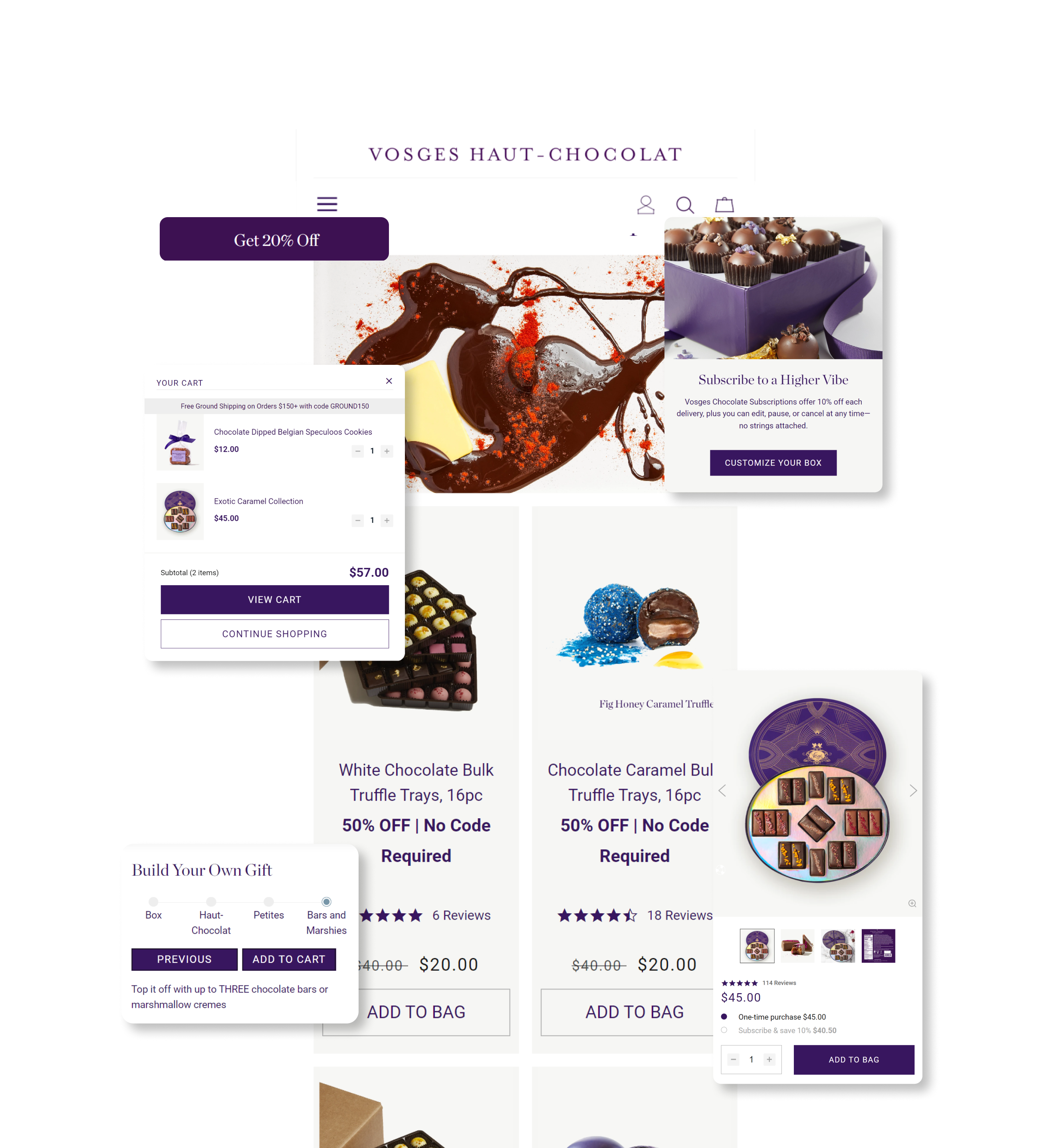 Vosges Haut-Chocolat · storefront, cart, product cards, subscription module collage