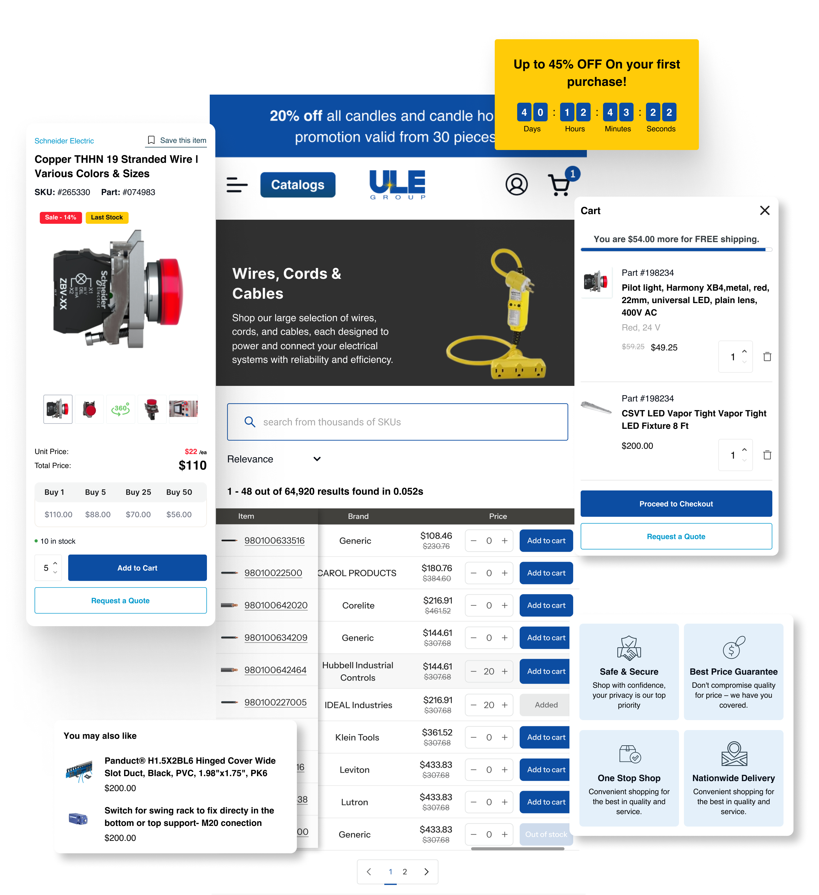 ULE Group · 64,920-SKU search results, cart, PDP, B2B quote module collage